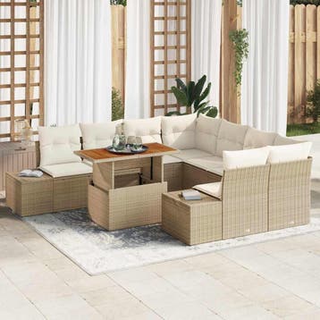 vidaXL Tuin Sofa Set 9 st Beige Poly riet, Verzenden, Nieuw, Rotan, Meer dan 8 zitplaatsen