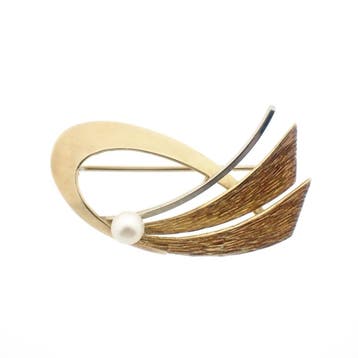 Bicolor gouden broche met parel, Sieraden, Tassen en Uiterlijk, Broches, Gebruikt, Ophalen of Verzenden, Met edelsteen, Goud