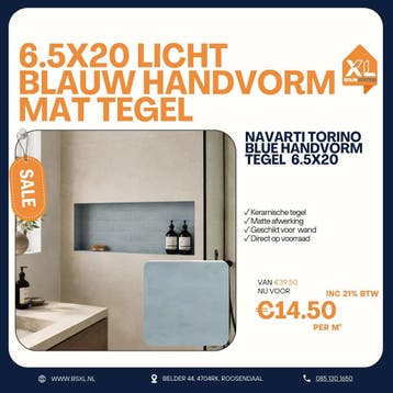 6.5x20 LICHT BLAUW MAT - VOORRAAD = ACTIE HANDVORM TEGEL, Doe-het-zelf en Verbouw, Nieuw, Ophalen of Verzenden, Minder dan 20 cm