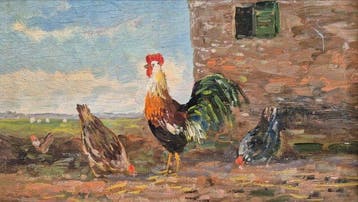 Hollandse School (XX) - Hanen bij een schuur