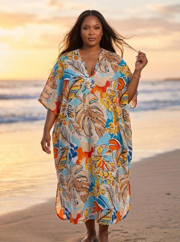 Boho rayon kaftan jurk - Beige Lichtblauw Coastal Leaves, Ophalen of Verzenden, Nieuw