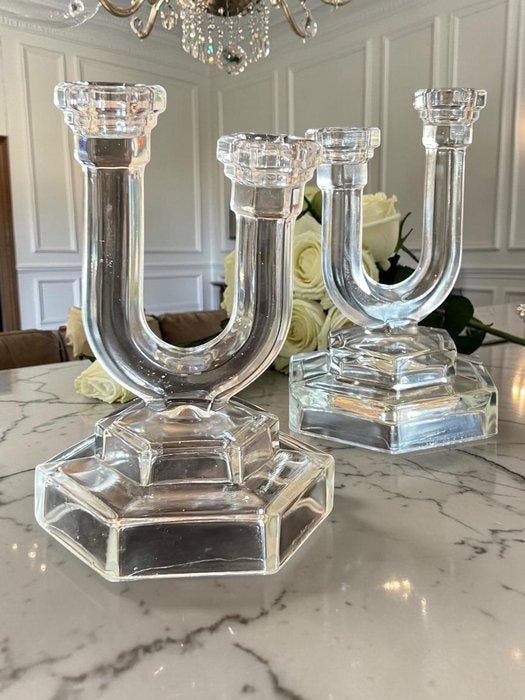 Kaarsenhouder - geperst glas - Paar kandelaren als, Antiek en Kunst, Kunst | Designobjecten