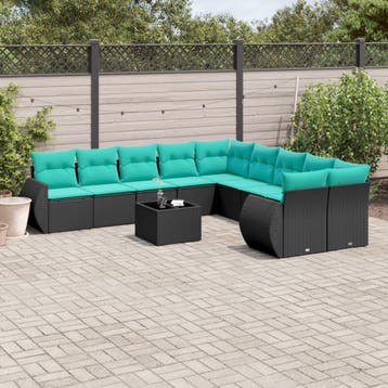 vidaXL 11-delige tuinbankset met kussens, zwart polyrotan, Verzenden, Nieuw