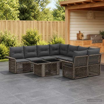 vidaXL Tuinbankenset 9 st Grijs en Donkergrijs poly rattan, Verzenden, Nieuw
