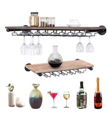 Wijnrek Wandmontage – Zwart & Hout met Glazenhouder, Industr, Verzenden, Nieuw