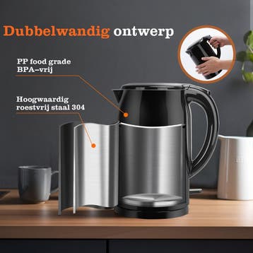 Waterkoker - met LED - Elektrisch - 1.5L - 2200W - Zwart - T, Verzenden, Zo goed als nieuw
