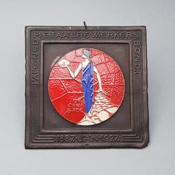 Metaalwerkersbond, rood koper + emaille - Jan Eisenloeffel -, Antiek en Kunst