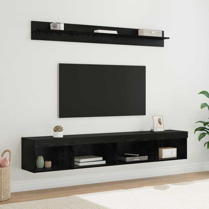 vidaXL TV Wandkast Set met LED 5 pcs Zwart Eiken Bewerkt, Huis en Inrichting, Kasten | Televisiemeubels, Nieuw, Minder dan 50 cm