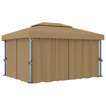 vidaXL Prieel met gordijn 4x3 m aluminium taupe, Verzenden, Nieuw