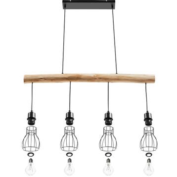 Hanglamp Woody, 4-lichts, met houten balk, 40 W, Verzenden, Nieuw