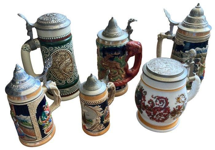 Bierpul (6) - Tin, Keramiek - Set van 6 bierpullen, Antiek en Kunst, Antiek | Glas en Kristal