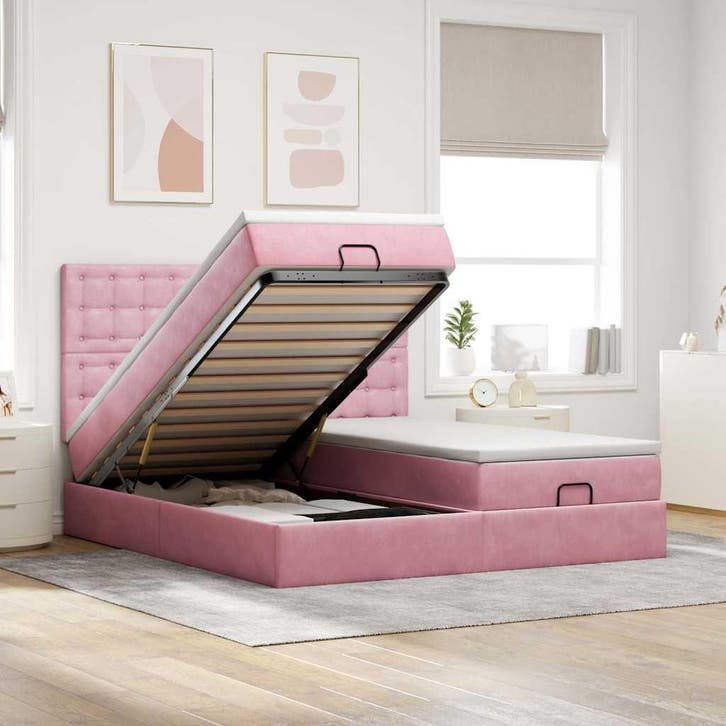 vidaXL Ottoman bed met matrassen 160x200cm fluweel roze, Huis en Inrichting, Slaapkamer | Bedden, 160 cm, 200 cm, Tweepersoons