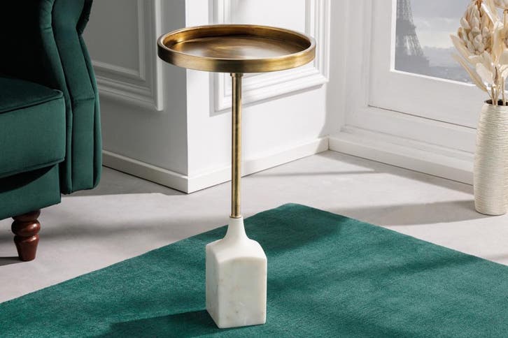 Design bijzettafel TRAYFUL 60cm antiek goud wit marmeren, Huis en Inrichting, Tafels | Sidetables, Ophalen of Verzenden