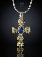 Victoriaanse stijl saffier kruis ketting - blauwe edelstenen