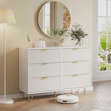 Stijlvol Wit Sideboard Kast met 6 Lades en Gouden Metalen Po, Verzenden, Nieuw