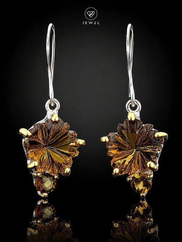 Citrien druppeloorbellen - 925 zilver - goudgeel bloemmotief