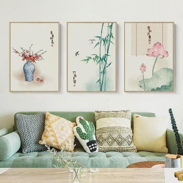 Vintage Chinese Lotus & Bamboe Canvas Print - Zen Muurdecora, Verzenden