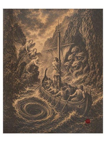 Ulisse en het Lied van de Sirenen – Druk op leer 84,50 x