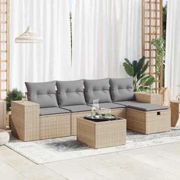 vidaXL 6-delige Loungeset met kussens poly rattan beige, Verzenden, Nieuw, 6 zitplaatsen, Loungeset