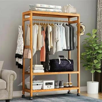 Bamboe Kledingrek met Haken, 3 Planken en Wielen – 165 cm, Verzenden, Nieuw