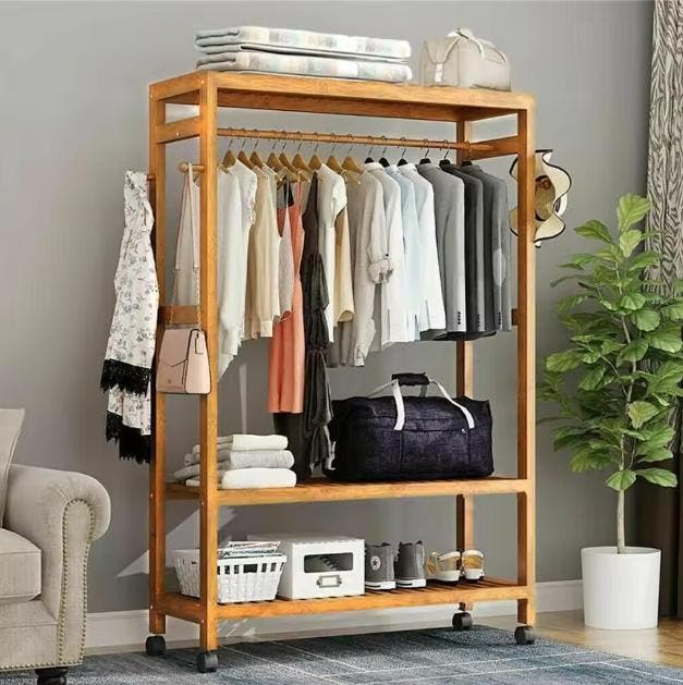 Bamboe Kledingrek met Haken, 3 Planken en Wielen – 165 cm, Kleding | Dames, Kledingrekken, Nieuw, Verzenden