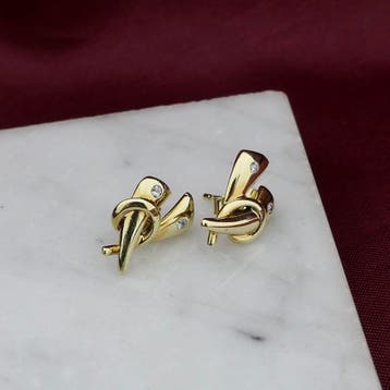 Gouden fantasie oorbellen met zirconia, Sieraden, Tassen en Uiterlijk, Oorbellen, Gebruikt, Ophalen of Verzenden, Met edelsteen