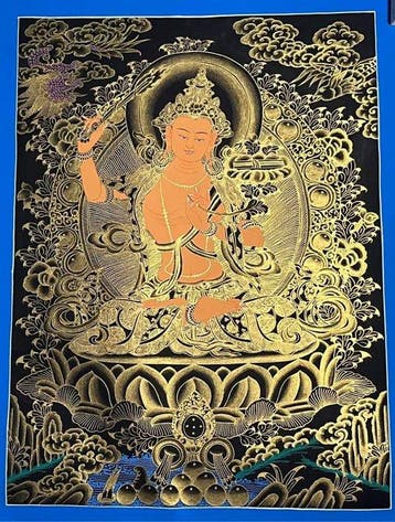 Handgeschilderde Manjushri Thangka, Nepalees kunst - Katoen, Antiek en Kunst, Kunst | Niet-Westerse kunst