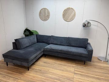 WOOOD donkergrijze ribstof hoekbank met lounge, 250 tot 300 cm, Gebruikt, Hoekbank, Ophalen of Verzenden