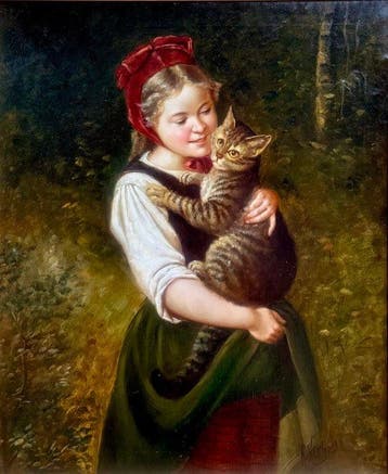 Europese school (XIX) - A Young Girl With Kitten