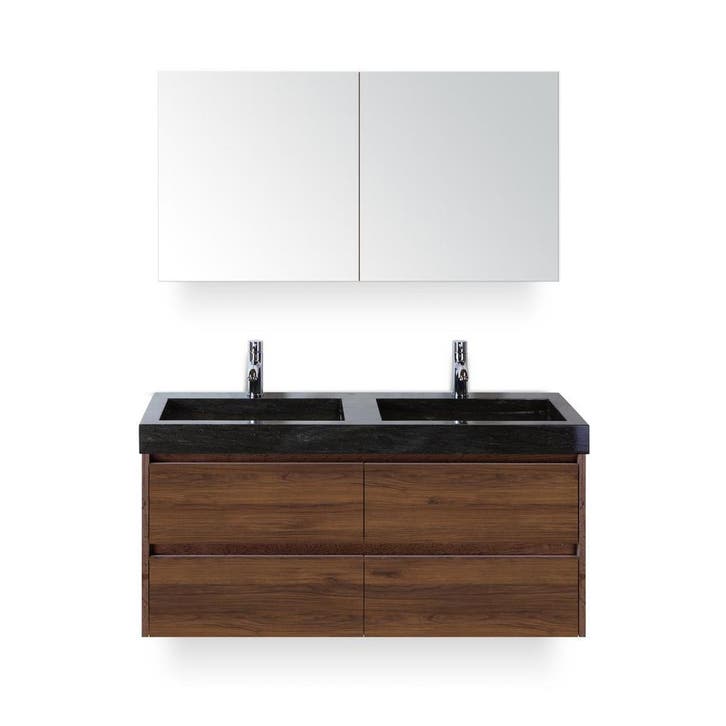 Dante Badmeubelset 120 cm - Walnoot - Wastafel Hardsteen Wit, Huis en Inrichting, Badkamer | Badkamermeubels, Ophalen of Verzenden
