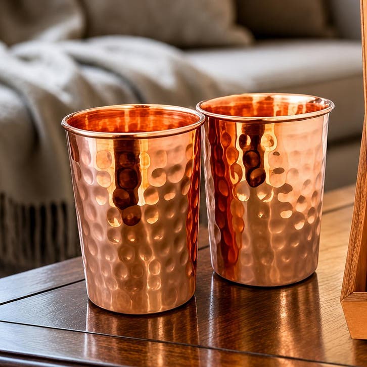 Puur koperen set van 2 bekers gehamerd (300 ml – 100 g elk;, Huis en Inrichting, Keuken | Servies, Ophalen of Verzenden