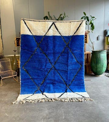 Modern Marokkaans Beni Ouarain Tapijt – Blauw en ivoor, Nieuw