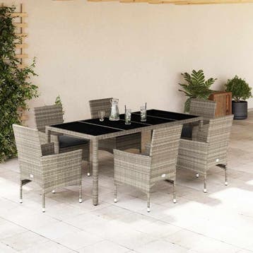 vidaXL 7-delige Tuinset met kussens poly rattan en glas, Verzenden, Nieuw, 6 zitplaatsen, Tuinset