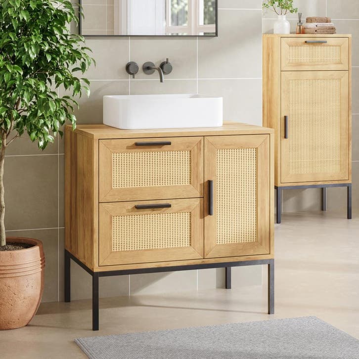 Wastafelonderkast Marhasa 60x60x40 cm eikenkleurig rotanlook, Huis en Inrichting, Badkamer | Badkamermeubels, Verzenden