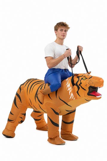 KIMU® Opblaas Kostuum Zittend Op Tijger Opblaasbaar Pak Tijg, Carnaval, Nieuw, Overige maten, Ophalen of Verzenden