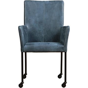Leren eetkamerstoel Comfort met wieltjes en armleuning -, Blauw, Nieuw, Leer, Ophalen of Verzenden