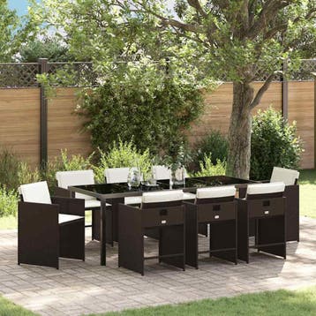 vidaXL Tuin eettafelset 9 pcs Bruin poly rattan, Verzenden, Nieuw, Rotan, Meer dan 8 zitplaatsen