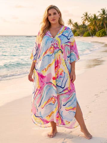 Boho rayon kaftan jurk - Roze Lichtblauw Cotton Sky, Ophalen of Verzenden, Nieuw