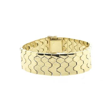 8 karaat brede fantasieschakel armband (Schakelarmband), Ophalen of Verzenden, Gebruikt, Geel, Goud