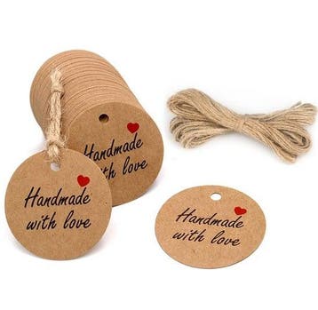 100 bruine labels met jute touwtjes - Handmade with love..., Ophalen of Verzenden, Nieuw