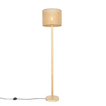 Landelijke vloerlamp hout met linnen kap naturel 32 cm -, Verzenden, Nieuw, Hout, Landelijk