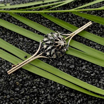 Antiek goud met zilveren broche met diamanten; ca. 0,25 ct., Gebruikt, Ophalen of Verzenden, Met edelsteen, Zilver
