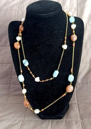 Zilver, Collier met natuurlijke parels, zonsteen en