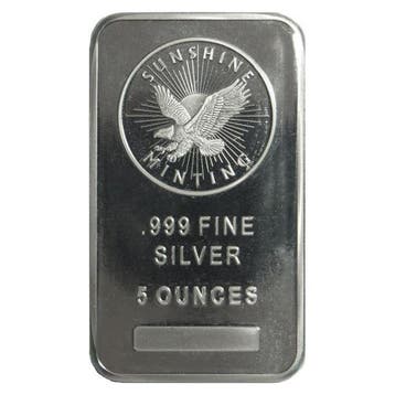 5 Troy Ounce - Zilver .999 - 5 oz Sunshine Minting 999 Fine, Postzegels en Munten, Edelmetalen en Baren