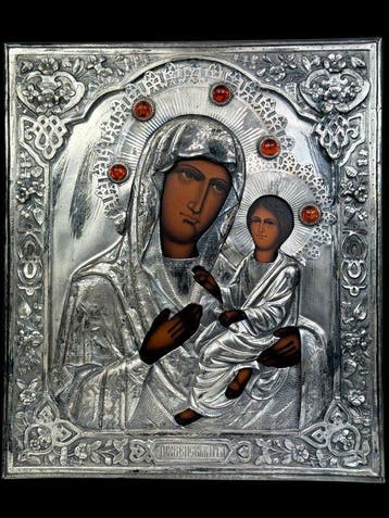 Icoon - Moeder Gods van Tichvin - Eier-tempera, verzilverd
