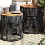 Tuinbijzettafels 2 st met houten blad poly rattan zwart, Verzenden, Nieuw