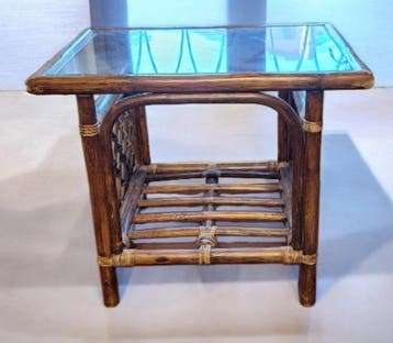 Salontafel - Rattan, Glas - Vintage salontafel van bamboe en