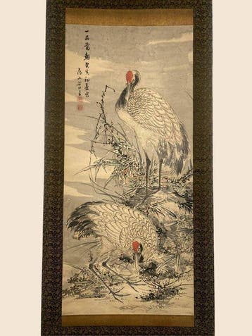 Zeer fijn sumi-e schilderij Pair of Cranes, gesigneerd -