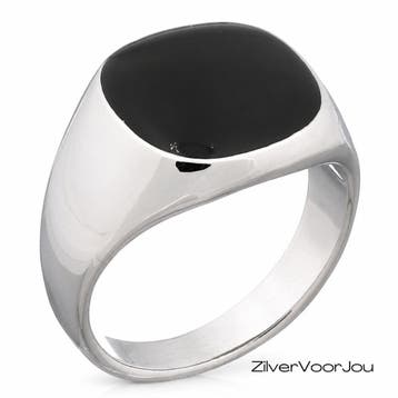 Zilveren zegelring uniseks zwarte agaat vierkant, Verzenden, Nieuw, Zilver