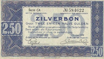 Bankbiljet 2,50 gulden 1938 Zilverbon UNC, Verzenden